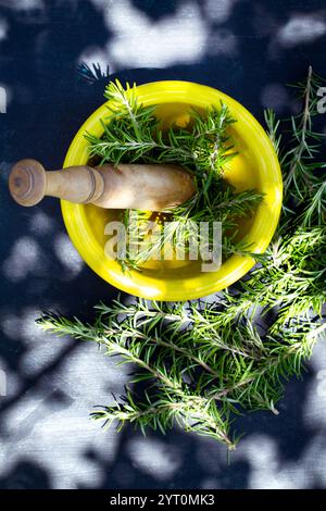Branches de romarin dans un mortier jaune avec un pilon en bois avec la lumière du soleil et l'ombre Banque D'Images
