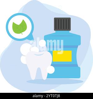 Concept naturel de rince-bouche d'herbe de prévention de carie dentaire, conception d'icône de couleur vectorielle de bouteille de rafraîchisseur d'haleine antibactérienne, symbole de dentisterie, soins de santé Illustration de Vecteur