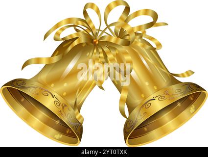 Cloches dorées brillantes de Noël et du nouvel an avec des noeuds et des rubans. Cloches dorées de Noël. Sonnettes. Illustration vectorielle Illustration de Vecteur