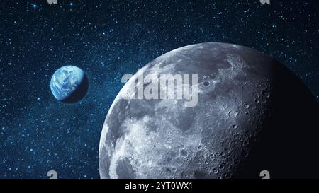 Lune avec des cratères et la planète bleue Terre dans l'espace étoilé. Surface de la lune et vue de la terre. Exploration spatiale et mission lunaire Banque D'Images