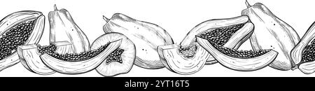 Bordure linéaire sans couture avec des tranches de papaye dessinées à la main et des fruits entiers dans un style monochrome. Illustration vectorielle de fruits tropicaux et exotiques pour livres de cuisine, dessins culinaires et cadres de recettes. Illustration de Vecteur