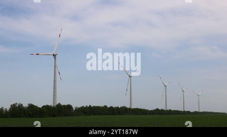 rangée d'éoliennes dans le champ vert avec sous-bois contre ciel nuageux, paysage technologique industriel dans la zone naturelle, moulins à vent Banque D'Images