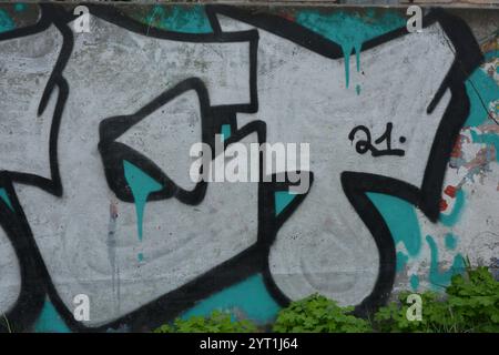 Dessin, graffiti avec l'image du mot TET appliqué sur une clôture en béton brun-gris. Lettres grises argentées et lignes noires avec bordures. Banque D'Images