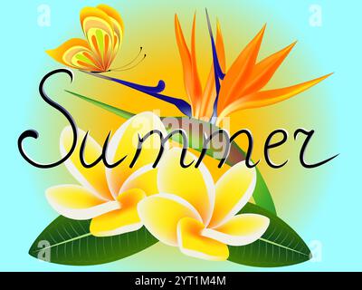 Bannière estivale avec frangipanier (Plumeria) avec une fleur paradisiaque et un papillon. Illustration de Vecteur
