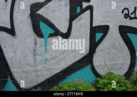 Dessin, graffiti avec l'image du mot TET appliqué sur une clôture en béton brun-gris. Lettres grises argentées et lignes noires avec bordures. Banque D'Images