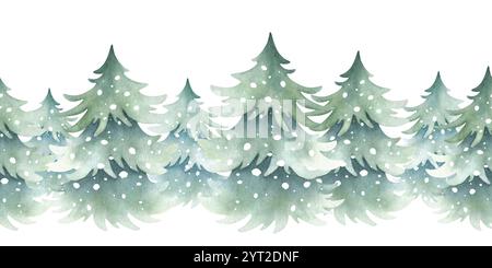 Forêt d'épicéas couverte de neige dans un style simple. Aquarelle dessinée à la main isolé sans couture bordures vertes luxuriantes sapins pour les bannières horizontales de Noël et du nouvel an, l'emballage festif et les dessins de paysage. Banque D'Images