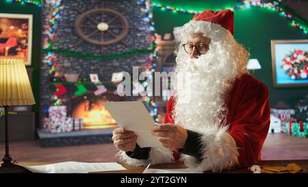 Portrait du Père Noël montrant un pouce vers le haut après avoir lu des lettres d'enfants, présentant la belle liste de bons enfants. Saint Nicolas se prépare à la livraison de cadeaux en hiver. Caméra B. Banque D'Images