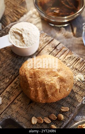 Boule de pâte à base de poudre de protéines de lactosérum, sirop d'érable et beurre d'arachide - préparation de barres de chocolat protéinées maison Banque D'Images