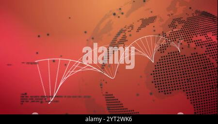 Image du traitement des données avec globe sur brin d'adn sur fond orange Banque D'Images