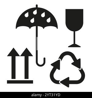 Icônes d'entretien des emballages. Symbole d'élément fragile. Graphiques de mise en garde d'expédition. Icônes de recyclage et de parapluie. Illustration de Vecteur