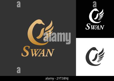 Cette image montre un logo de cygne stylisé dans des variations dorées et noires sur fond blanc et noir. Illustration de Vecteur