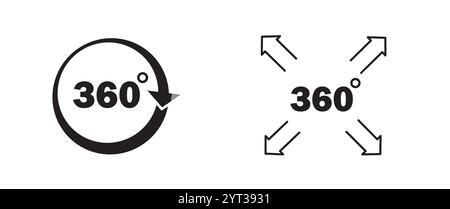 jeu d'icônes 360 degrés. Rotation et angle des vues. Simulation et réalité virtuelle, VR. Panorama et rotation. Logotype et emblème. Vecteur plat Illustration de Vecteur