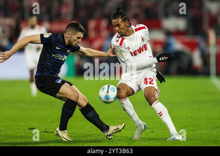 Cologne, Allemagne. 04th Dec, 2024. Football : DFB Cup, 1. FC Köln - Hertha BSC, manche 16, RheinEnergieStadion, Berlin Jonjoe Kenny contre le Damion Downs de Cologne crédit : Christoph Reichwein/dpa - NOTE IMPORTANTE : conformément aux règlements de la DFL German Football League et de la DFB German Football Association, il est interdit d'utiliser ou d'avoir utilisé des photographies prises dans le stade et/ou du match sous forme d'images séquentielles et/ou de séries de photos de type vidéo./dpa/Alamy Live News Banque D'Images