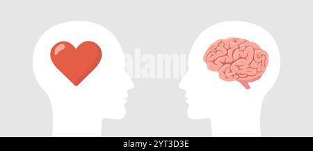 Cerveau vs cœur. Émotion et équilibre intellectuel. Deux têtes humaines avec un coeur et un cerveau. Concept de choix logique et ressenti. Illustration vectorielle dans le dessin animé Illustration de Vecteur