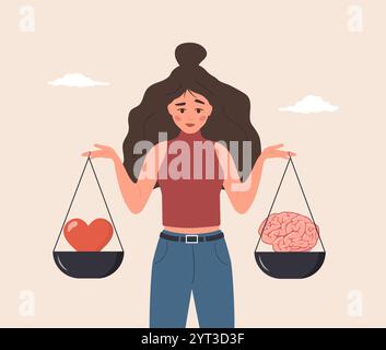 Équilibre du cœur et du cerveau. Choix rationnel raisonnable et émotionnel. Personnage féminin de dessin animé regardant le cerveau et le cœur sur la balançoire. Vecteur plat Illustration de Vecteur