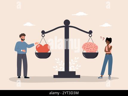 Équilibre entre le cerveau et le cœur. Concept de santé mentale et physique. Homme et femme comparant la pensée logique et l'émotion sur des échelles. Illustration vectorielle Illustration de Vecteur