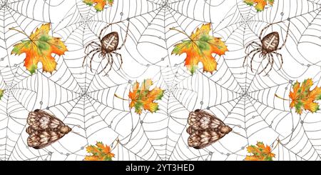 Toile d'araignée noire avec perles, araignée, papillons et feuilles d'érable motif d'illustration aquarelle d'Halloween. Arachnides de l'ordre arthropodes isolent Banque D'Images