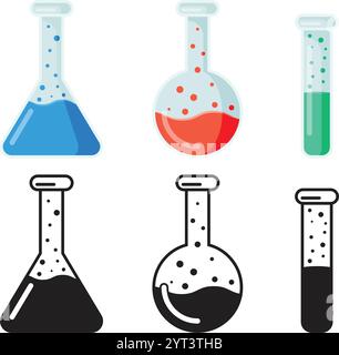 Collection Science Lab bouteille Icon Set dans un style plat. Illustration vectorielle d'équipement de verrerie de laboratoire sur fond isolé. Busine signe tube à essai Illustration de Vecteur