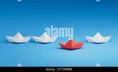 Oiseau rouge flottant parmi la grue blanche en papier oiseau. Illustration 3D artisanat de papier d'oiseau pour Hiroshima jour du souvenir minimal style concept.rendu 3D sur b Banque D'Images