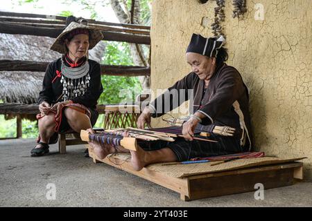 (241206) -- PÉKIN, 6 décembre 2024 (Xinhua) -- une femme âgée du groupe ethnique Li démontre les techniques de tissage de brocart Li dans la zone touristique de Binglanggu dans le comté autonome de Baoting Li et Miao, dans la province de Hainan du sud de la Chine, 4 novembre 2024. Trois éléments culturels chinois, à savoir les techniques textiles traditionnelles Li : filature, teinture, tissage et broderie, fête du nouvel an de Qiang, célébrée dans la province chinoise du Sichuan, et la conception et les pratiques traditionnelles pour la construction de ponts en arc de bois chinois, ont été ajoutés par l'UNESCO à sa liste représentative du patrimoine culturel immatériel de l'humanité Banque D'Images