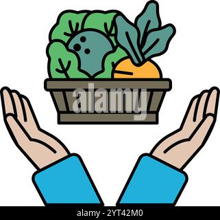 Une main tenant un panier de légumes. Le panier est plein de légumes, y compris des carottes, du brocoli et de la laitue. La main tient le panier avec Illustration de Vecteur