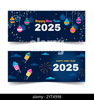 Dessins colorés de bannière du nouvel an 2025 avec des illustrations vectorielles de feux d'artifice. Illustration de Vecteur