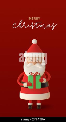 3d dessin animé joyeux Père Noël tenant un cadeau vert sur un fond rouge, rayonnant de joie et des vibrations festives. Bannière vectorielle pour le thème de Noël Illustration de Vecteur