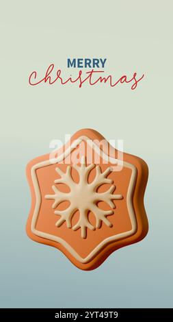 illustration verticale 3d joyeuse et moderne avec un biscuit en forme de flocon de neige sur un fond dégradé doux. Avec le texte Joyeux Noël en élégant Illustration de Vecteur