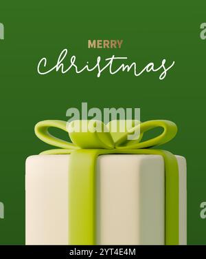 Illustration 3D moderne de boîte cadeau crème avec ruban vert vibrant, parfait pour transmettre un esprit de vacances joyeux sur fond vert profond. Vecteur Illustration de Vecteur