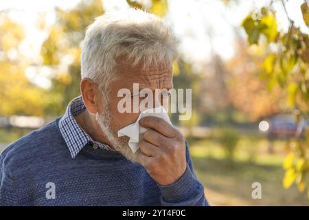 Homme senior avec le nez qui coule dans le parc, espace pour le texte Banque D'Images