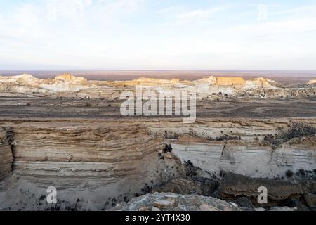 Vue panoramique sur la mer d'Aral depuis le bord du plateau Ustyurt près du cap Aktumsuk au Karakalpakstan, Ouzbékistan Banque D'Images