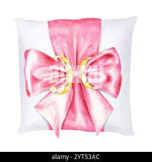 Illustration isolée à l'aquarelle de deux anneaux de mariage dorés placés sur un oreiller blanc orné d'un noeud en satin rose. Parfait pour les invitations de mariage Banque D'Images