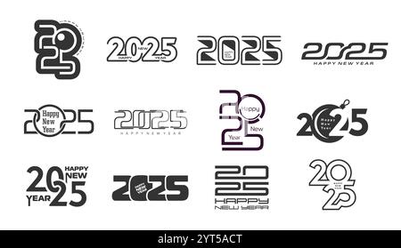 2025 numéros d'année définis pour le calendrier du nouvel an ou le texte de voeux pour les vacances d'hiver, icônes vectorielles. Bonne année 2025 police créative avec décoration de boule de Noël pour page de calendrier ou affiche de vacances Illustration de Vecteur