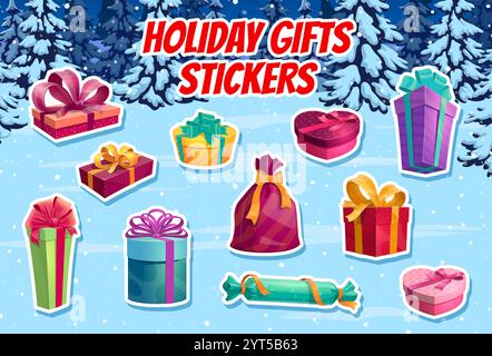 Bande dessinée cadeaux de Noël autocollants de vacances paquet. Les patchs vectoriels avec des boîtes et des packs cadeaux enveloppés vibrants dans un paysage forestier enneigé avec des pins et des épinettes, favorisent l'esprit festif de donner Illustration de Vecteur
