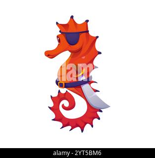 Personnage pirate animal hippocampe drôle de dessin animé avec un cache-oeil et des coutelas, à la recherche de trésors et d'aventure sur le fond de la mer. Personnage de capitaine sous-marin isolé du corsaire hippocampe plucky Illustration de Vecteur
