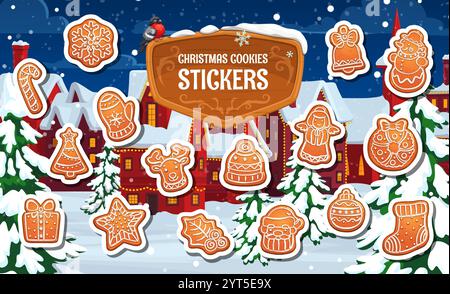 Paquet d'autocollants de biscuit de pain d'épices de Noël disposés dans la scène de village d'hiver festif avec des arbres couverts de neige et des maisons capturant l'esprit de vacances. Ensemble de patches de pâtisserie saisonnières charmantes de vecteur de dessin animé Illustration de Vecteur