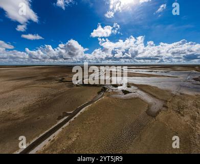 Le vaste marais présente des ruisseaux sinueux qui coulent magnifiquement sous des nuages spectaculaires Banque D'Images