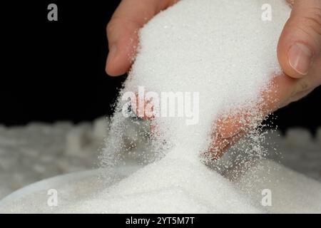 Mains versant du sucre raffiné cristallin blanc, fond noir Banque D'Images