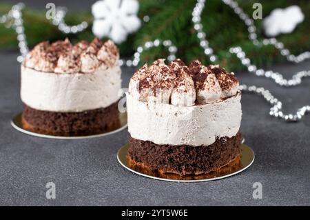 Deux portions de gâteau Tiramisu sur fond gris Banque D'Images