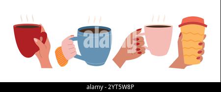 Tasses à café dans les mains ensemble Illustration de Vecteur