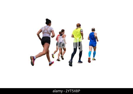 groupe d'athlètes masculins et féminins exécutant la course de marathon isolé sur fond blanc Banque D'Images