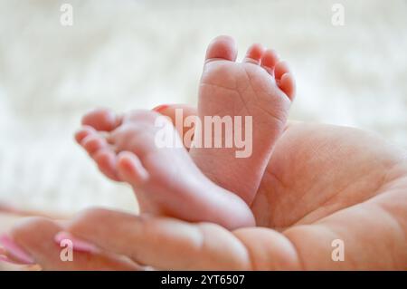 Les pieds du nouveau-né dans la main de la mère Banque D'Images