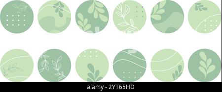 Vert printemps neutre mise en évidence Instagram minimale. Icônes rondes avec des motifs botaniques pour magasin, blog, page de réseau social. Graphiques vectoriels Illustration de Vecteur