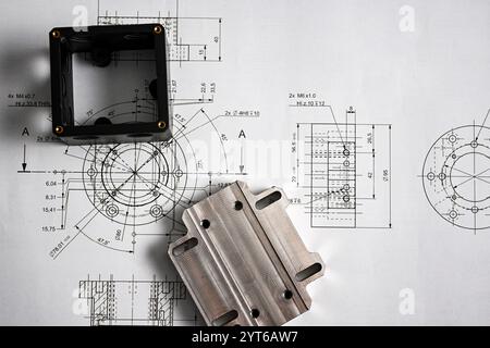 Les prototypes en plastique et en métal reposent sur un dessin technique avec des mesures, illustrant le processus de développement du produit. Banque D'Images