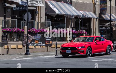 Red Ford Mustang GT muscle car conduisant sur la route urbaine Victoria Canada. Voiture de sport Ford Mustang vue latérale. Editorial-juillet 21,2021 Banque D'Images