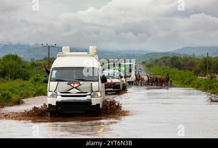 Des véhicules traversent les eaux de crue dans le sud de l'Éthiopie pendant les pluies de mousson en 2024. Banque D'Images