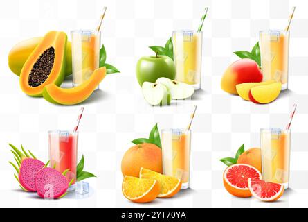 Ensemble de jus de fruits ou smoothies isolés sur fond transparent. Cocktail de fruits exotiques lumineux dans un verre avec des fruits mûrs et de la paille. 3d réaliste Illustration de Vecteur