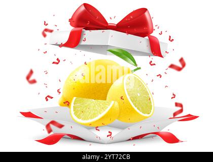 Fruit de citron lumineux dans une boîte cadeau ouverte avec un arc rouge isolé sur fond transparent. Citron juteux frais en cadeau. Fruits mûrs pour une alimentation saine. Re Illustration de Vecteur