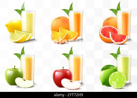 Ensemble de jus de fruits ou smoothies isolés sur fond transparent. Cocktail de fruits exotiques lumineux dans un verre avec des fruits mûrs. Vecteur 3D réaliste ill Illustration de Vecteur