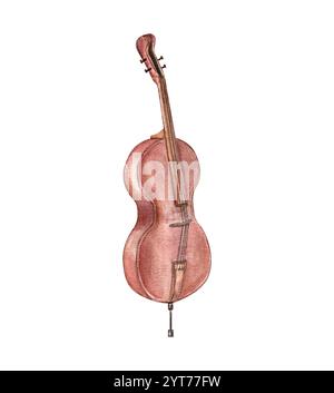 Aquarelle contrebasse marron en bois avec cordes et illustration de stand arrière-plan isolé. Instrument de musique classique de contrebasse arqué. Élément Banque D'Images